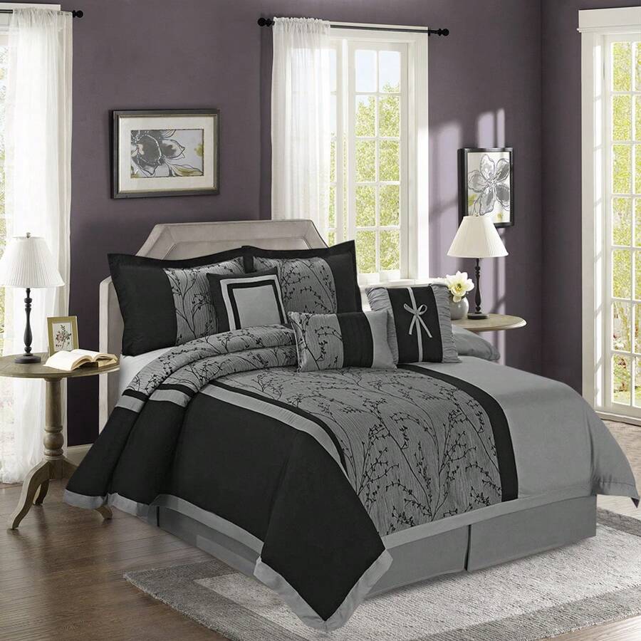 7 Piece Jacquard Patchwork Comforter Set, Floral Pattern - Breathable Bedding Set Queen/King - Xám - Xem 1
