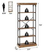 Industrial Bookshelf Wood Bookcase 6 Tier Storage Open Rack Shelf With Metal Frame Rustic Tall Standing Bookshelves Large Grey Display Rack For Bedroom,Living Room And Home Office