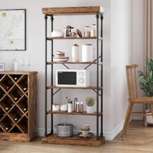 Industrial Bookshelf Wood Bookcase 6 Tier Storage Open Rack Shelf With Metal Frame Rustic Tall Standing Bookshelves Large Grey Display Rack For Bedroom,Living Room And Home Office