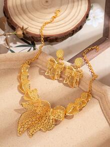 Juego de collar y pendientes de joyería chapada en oro de 24 quilates, estilo Dubai, 2 piezas/set
