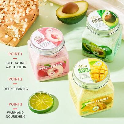 300克水果磨砂膏，含海盐，可柔滑肌肤，深层清洁角质层，改善皮肤结构，滋润堵塞的角质层，改善毛周角化症，令肌肤水润光滑。