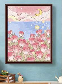 Kit de pintura de diamantes 5D con paisaje de dibujos animados - Flores hermosas y luna, mosaico de diamante redondo completo, bordado artesanal, apropiado para decoración del hogar, regalo perfecto para familiares y amigos
