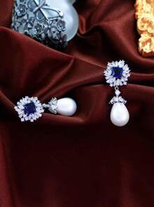 1 par de pendientes colgantes de perlas falsas con circonita cúbica de azul oscuro brillante, para bodas, banquetes, fiestas de compromiso, para mujer. Accesorios de joyería de lujo para desfiles, novias. Regalo para San Valentín, mamá, madre, Día de la Madre