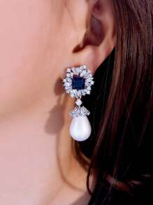1 par de pendientes colgantes de perlas falsas con circonita cúbica de azul oscuro brillante, para bodas, banquetes, fiestas de compromiso, para mujer. Accesorios de joyería de lujo para desfiles, novias. Regalo para San Valentín, mamá, madre, Día de la Madre