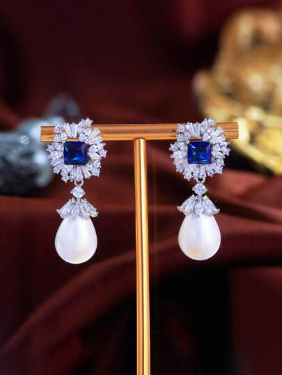 1 par de pendientes colgantes de perlas falsas con circonita cúbica de azul oscuro brillante, para bodas, banquetes, fiestas de compromiso, para mujer. Accesorios de joyería de lujo para desfiles, novias. Regalo para San Valentín, mamá, madre, Día de la Madre