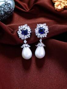 1 par de pendientes colgantes de perlas falsas con circonita cúbica de azul oscuro brillante, para bodas, banquetes, fiestas de compromiso, para mujer. Accesorios de joyería de lujo para desfiles, novias. Regalo para San Valentín, mamá, madre, Día de la Madre