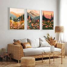 Conjunto de 3 Cartazes de Arte Floral de Montanha do Pôr do Sol Boho sem Moldura, Decoração Rústica Botânica Boêmia, Impressão em Tela de Pintura de Paisagem de Margarida e Flores Silvestres, Pintura Minimalista para Quarto, Apartamento, Sala de Estar, Quarto, Decoração Moderna para Casa - Multicolorido - Visão 4