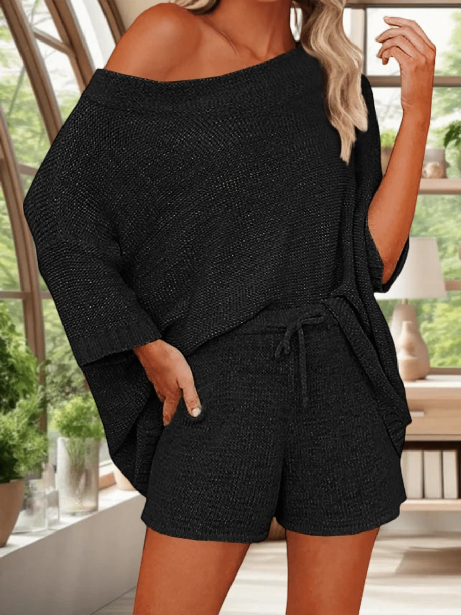 Saodimallsu Women's 2 Piece Outfits Sweater Sets Off Shoulder Knit Top Shorts Matching Suits Cute Pajama Lounge Set - 黑色 - 查看 1