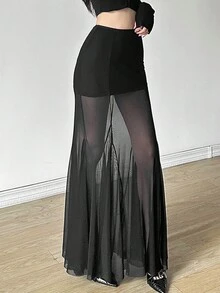 女式纯色街头时尚性感高腰修身网眼鱼尾下摆半身裙，春夏秋季