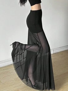 女式纯色街头时尚性感高腰修身网眼鱼尾下摆半身裙，春夏秋季