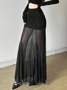 女式纯色街头时尚性感高腰修身网眼鱼尾下摆半身裙，春夏秋季