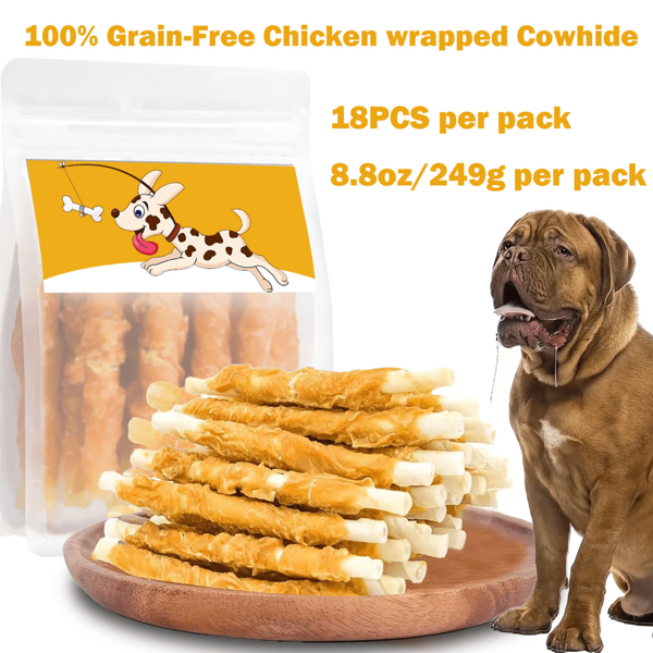 100% Grain-Free Chicken Wrapped Cowhide Teething Treats For Dogs - 18PCS Natural Dental Chews For Puppies And Adult Dogs - Perfect Training Reward & Oral Care Chew Sticks For Small, Medium, & Large Breeds - Delicious And Healthy Dog Chew Snack For Chewing Enjoyment - Ideal For Teething Puppies, Pet Oral Health, And Training Sessions - Satisfying, Natural Chew Treats For Canine Dental Hygiene And Chewing Pleasure