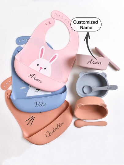 3pcs/Set Infant Silicone Tableware Set, Customized Bib, Bowl, Spoon, Waterproof, Anti-Dirt, Anti-Fall, Cartoon Animal Design, Feeding Supplies, Personalized Gift For Baby Boys And Girls, All Season,Multi-Functional,Ornamental,Letter,Stylish,Modern,Colorful,Kawaii,Adorable,Cute,Casual,Custom,Personalised,Unique,Customized,Son,Daughter