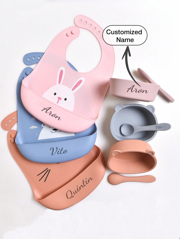 3pcs/Set Infant Silicone Tableware Set, Customized Bib, Bowl, Spoon, Waterproof, Anti-Dirt, Anti-Fall, Cartoon Animal Design, Feeding Supplies, Personalized Gift For Baby Boys And Girls, All Season,Multi-Functional,Ornamental,Letter,Stylish,Modern,Colorful,Kawaii,Adorable,Cute,Casual,Custom,Personalised,Unique,Customized,Son,Daughter
