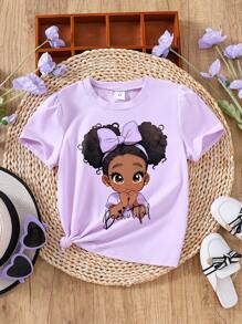 年轻女孩休闲卡通印花短袖上衣，日常穿着 - 紫色 - 查看 1