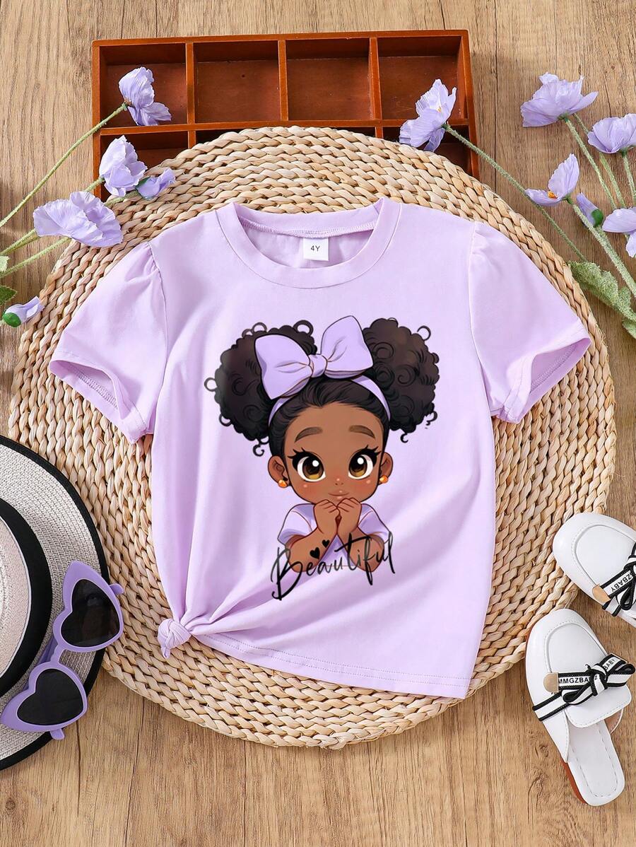 年轻女孩休闲卡通印花短袖上衣，日常穿着 - 紫色 - 查看 1