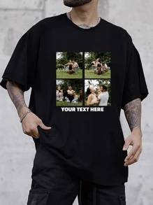 Customized Personalized Loose Round-Neck Comfortable Casual Men's T-Shirt ﻿With Graphic Design, Personalize With Your Own Photo And You Text/Logo For Couples, Family, Pets, Gifts, A Custom T-Shirt, Sports Style, Upload Four Pictures, Four-Palace Couple T-Shirt Custom