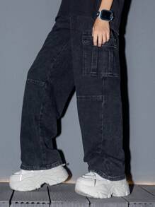 青少年和大龄男孩洗水破洞工装牛仔裤，宽松直筒裤，美式高街风格裤子 - 黑色 - 查看 6