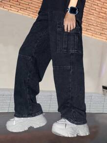 青少年和大龄男孩洗水破洞工装牛仔裤，宽松直筒裤，美式高街风格裤子 - 黑色 - 查看 1