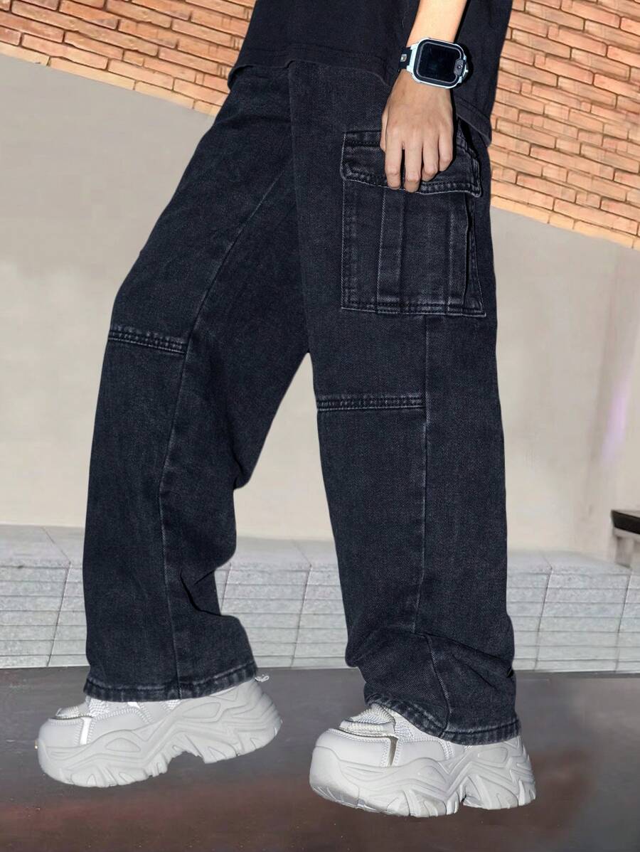 青少年和大龄男孩洗水破洞工装牛仔裤，宽松直筒裤，美式高街风格裤子 - 黑色 - 查看 1