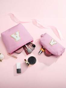 Set de 2 bolsas de aseo de viaje a rayas rosas con bolsillo con cremallera y diseño de iniciales personalizadas, ideal como regalo para novia, maestra, vacaciones, playa, baño, dormitorio, con gran capacidad y vibraciones bohemias - Rosa - Ver 5