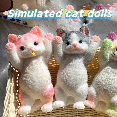 1pc 3D Realistic Flocked Squeeze Toy Cute Cat, Stress Relief Toy, Silicone Squeeze High Colorful Slow Rebound Animal Squeeze Toy, Suitable As Birthday, New Year, Valentine's Day Gift For Girlfriend, Party Decoration (Random Cat Eyes)