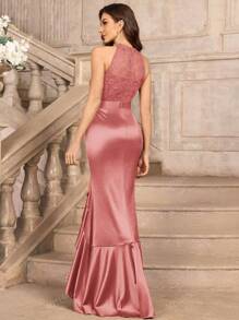 MIUSOL Halter Neck Floral Lace Contrast Satin Ruffle Mermaid Hem Formal Party Maxi Dress Wedding Guest Dress Evening Dress,Gown