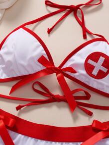 Ning xue yan ying Conjunto de ropa interior sexy de 3 piezas para mujeres que incluye: uniforme de enfermera de cosplay, ropa interior con lazo decorativo, bikini de contraste con parte trasera descubierta, falda corta con encaje y lazo