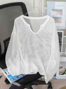 Women's Hollow Out Knit Cover Up, Loose Fit Summer Lightweight Cover Up Top, Vertical Stripe V-Neck Design, Semi-Sheer