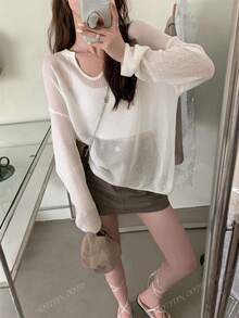 Women's Hollow Out Knit Cover Up, Loose Fit Summer Lightweight Cover Up Top, Vertical Stripe V-Neck Design, Semi-Sheer