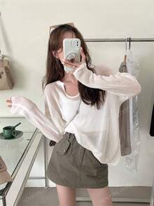 Women's Hollow Out Knit Cover Up, Loose Fit Summer Lightweight Cover Up Top, Vertical Stripe V-Neck Design, Semi-Sheer