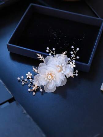 单件式薄纱花朵珍珠发夹 - 优雅新娘发饰，适用于婚礼、宴会及正式场合
