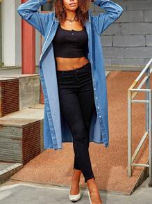 Womens Long Denim Jacket Oversized Drawstring Hooded Midi Jean Jacket - 藍色 - 查看 4
