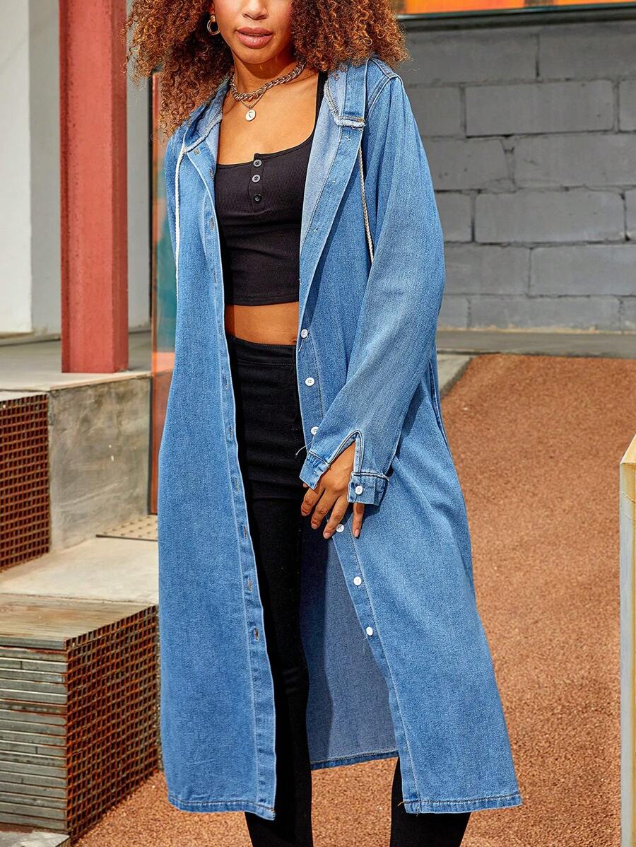 Womens Long Denim Jacket Oversized Drawstring Hooded Midi Jean Jacket - 藍色 - 查看 1