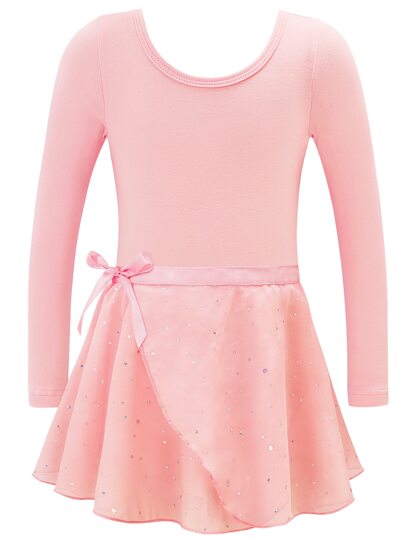 Set de 2 piezas: Leotardo de manga larga con corazón en la espalda y falda de lentejuelas para niñas jóvenes, conjunto de ballet y gimnasia