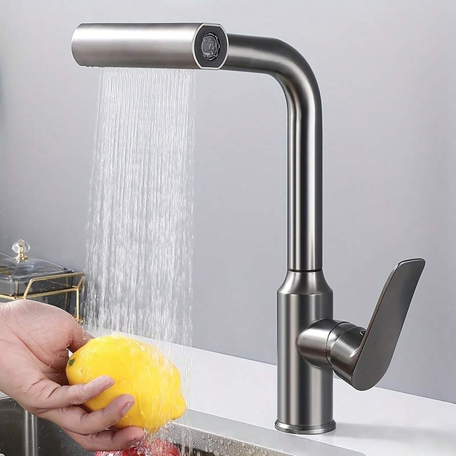 1pc Stainless Steel Waterfall Faucet Bathroom Sink Faucet With 4 Outlets, Rotatable, Hot And Cold Control - Grey - View 1