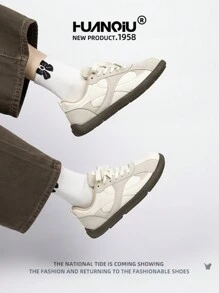 HUANQIU 2026新款女鞋，女士运动鞋，厚底休闲鞋，百搭轻便，舒适系带，软底休闲鞋，跑步鞋，米色，四季皆宜 - 米色 - 查看 9