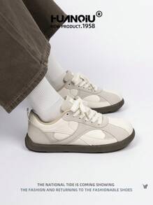 HUANQIU 2026新款女鞋，女士运动鞋，厚底休闲鞋，百搭轻便，舒适系带，软底休闲鞋，跑步鞋，米色，四季皆宜 - 米色 - 查看 6