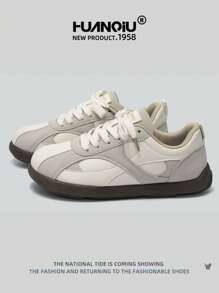HUANQIU 2026新款女鞋，女士运动鞋，厚底休闲鞋，百搭轻便，舒适系带，软底休闲鞋，跑步鞋，米色，四季皆宜 - 米色 - 查看 1