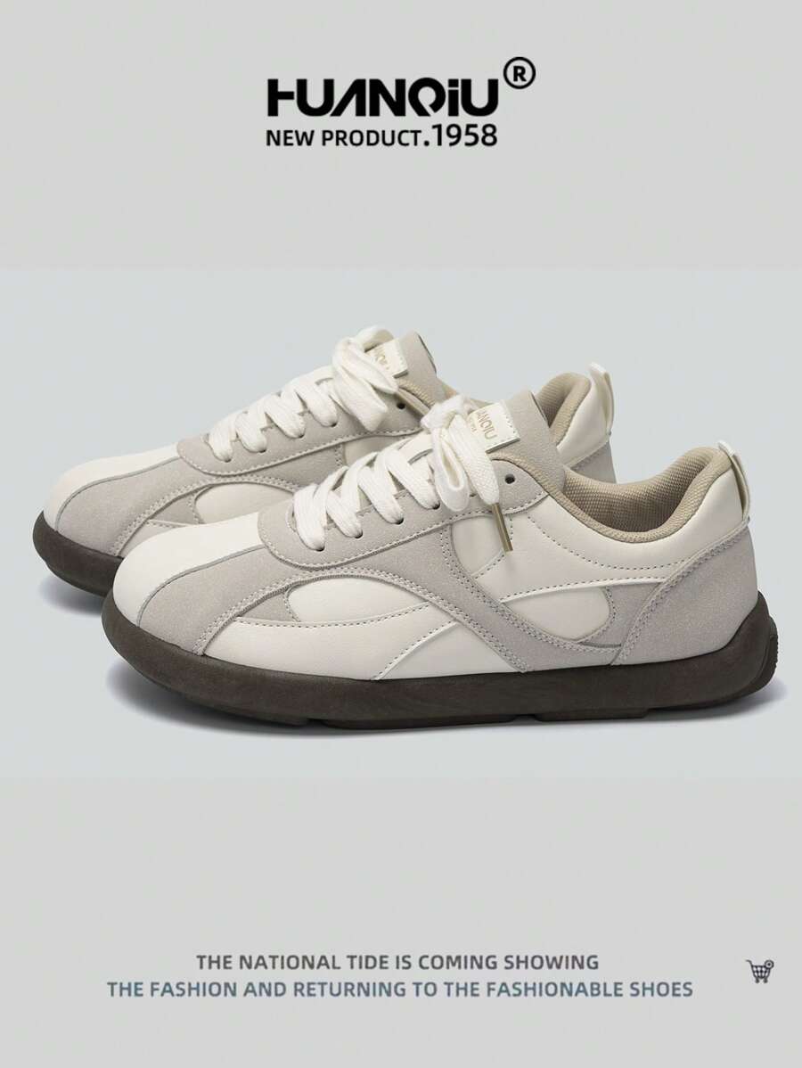 HUANQIU 2026新款女鞋，女士运动鞋，厚底休闲鞋，百搭轻便，舒适系带，软底休闲鞋，跑步鞋，米色，四季皆宜 - 米色 - 查看 1
