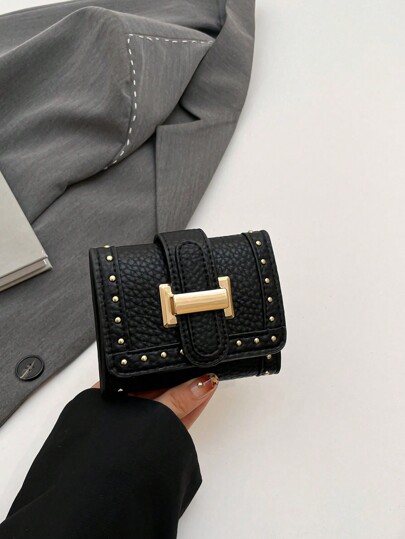 Women's Black PU Leather Vintage Rivet Short Wallet, Multi-Card Slots, Fashion Portable, Suitable For Office Lady, Travel, Birthday Gift, Trifold Coin Purse
