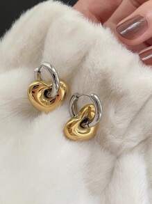 2 piezas Pendientes de aro con forma de corazón, chapados en oro de 18 quilates y de acero inoxidable, a prueba de agua y resistentes a la decoloración, diseño vintage de dos tonos, adecuados para uso diario de las mujeres, regalo de San Valentín