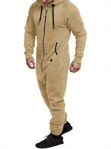 Men Winter Hooded Jumpsuits With Pockets Full Zipper Up Sweatsuit - 卡其色 - 查看 2