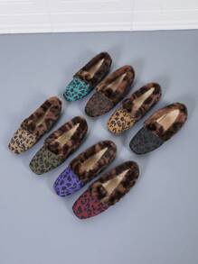 Women Flat Leopard Print Square Toe Slip-On Shoes, Warm Furry Indoor/Outdoor Casual Anti-Slip Shoes For Winter