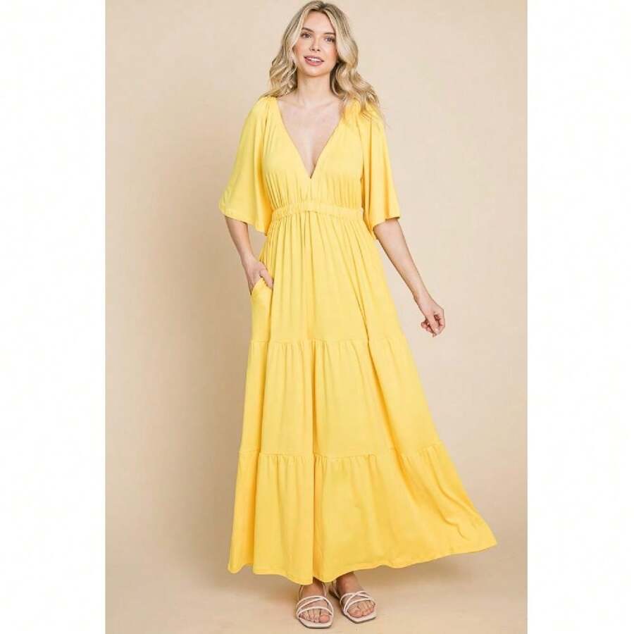 Culture Code Backless Plunge Half Sleeve Tiered Dress | SHEIN USA