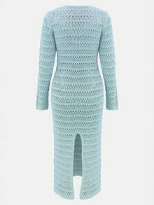 V-Neck Hollow Out Solid Color Long Sleeve Maxi Knit Dress - Blue - View 3