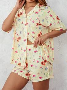 Women 2 Piece Pajamas Set Short Sleeve Floral Print Button Shirt Tops Shorts - Màu vàng - Xem 5