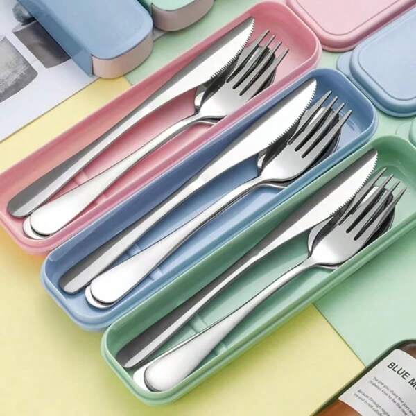 Juego de cubiertos portátil de acero inoxidable con caja de almacenamiento, incluye palillos, tenedor, cuchara, cuchillo, set de vajilla para viaje, camping, útiles escolares