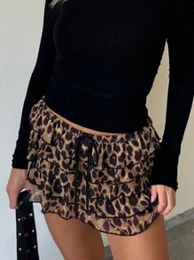 Women Summer Mini Skirt Casual Leopard Print Layered Ruffles A-Line Skirt For Beach Vacation Club Streetwear