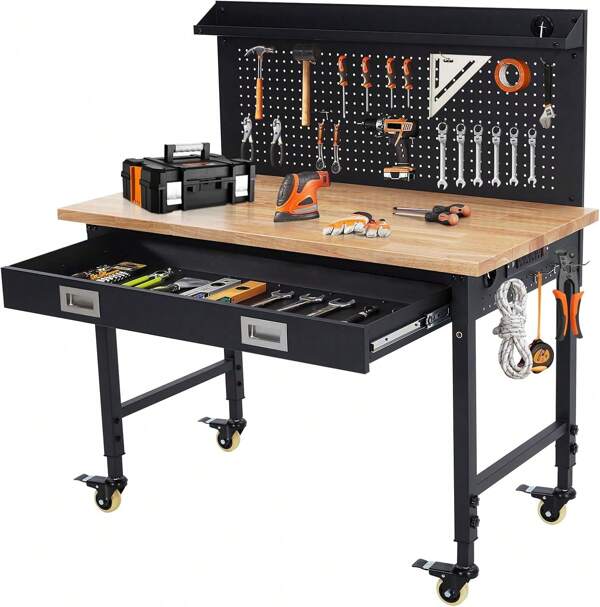 Adjustable Workbench For Garage, 48" Rubber Wood Top Workbench With Drawer Storage Pegboard, 2000 Lbs Load Capacity, Heavy Duty Workstation With Power Outlets & Wheels, Tool Storage Bench